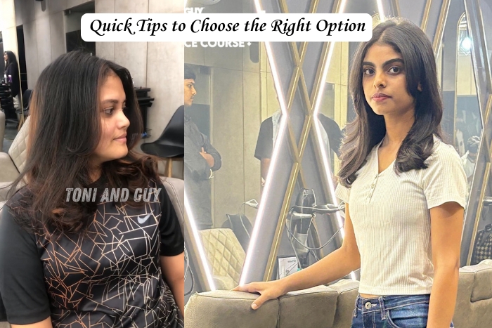 Client hair makeover result at Essensuals by Toni & Guy Coimbatore, showing before and after hairstyle comparison