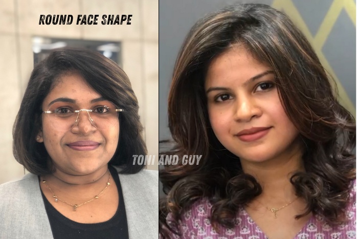 Before-and-after haircut makeover for round face shape at Toni & Guy Coimbatore salon