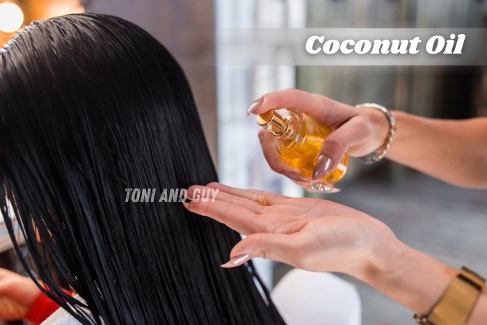 Toni & Guy Coimbatore Essensuals Professional stylist applying coconut oil treatment to smooth, wet hair