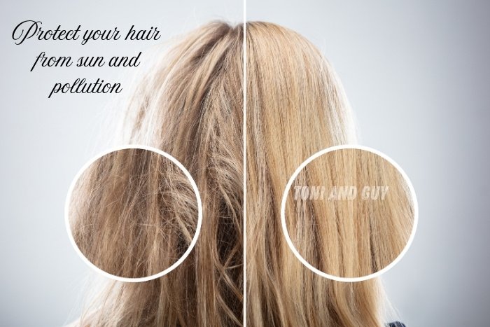 Before and after hair protection results showing reduced damage from sun and pollution at Essensuals by Toni & Guy, Coimbatore