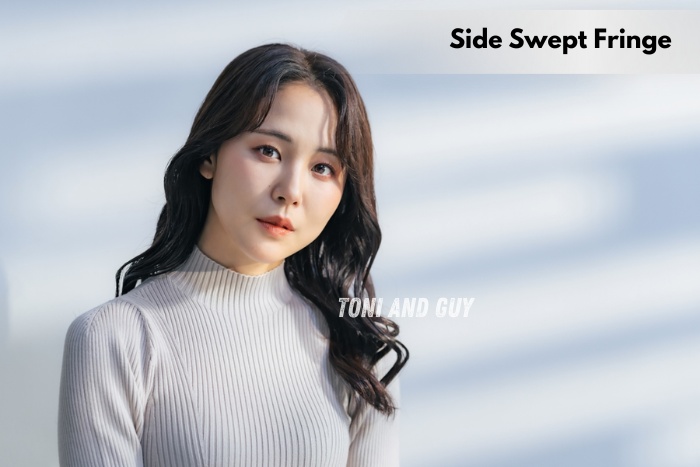 Side swept fringe hairstyle styled by expert professionals at Toni & Guy Salon, Coimbatore