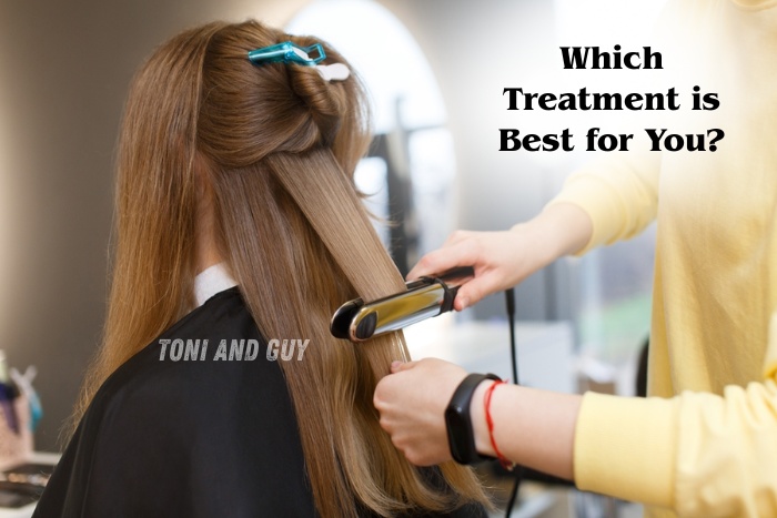 Hair smoothing and straightening treatment in progress at Toni & Guy Coimbatore by expert professional stylists