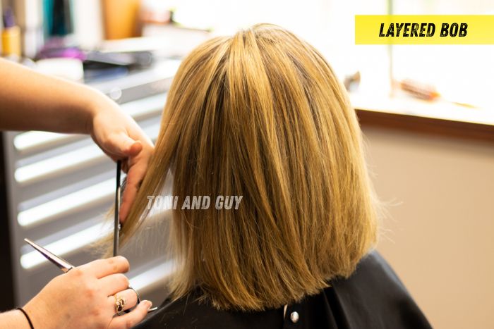 Layered bob haircut service at Toni & Guy Coimbatore salon with expert precision cutting and styling