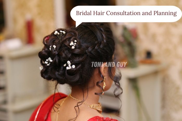 Bridal hair consultation and planning at Toni & Guy Coimbatore with elegant traditional bridal hairstyle